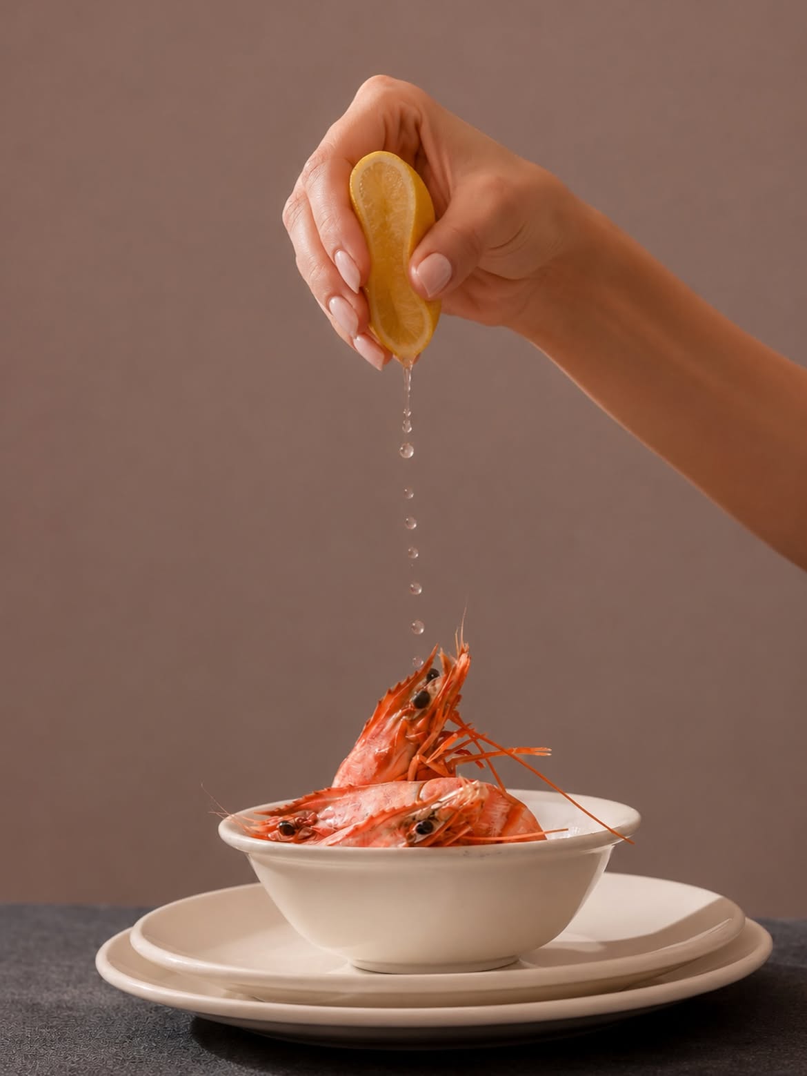 Lemon squeezed over a bowl of prawns on a pale table