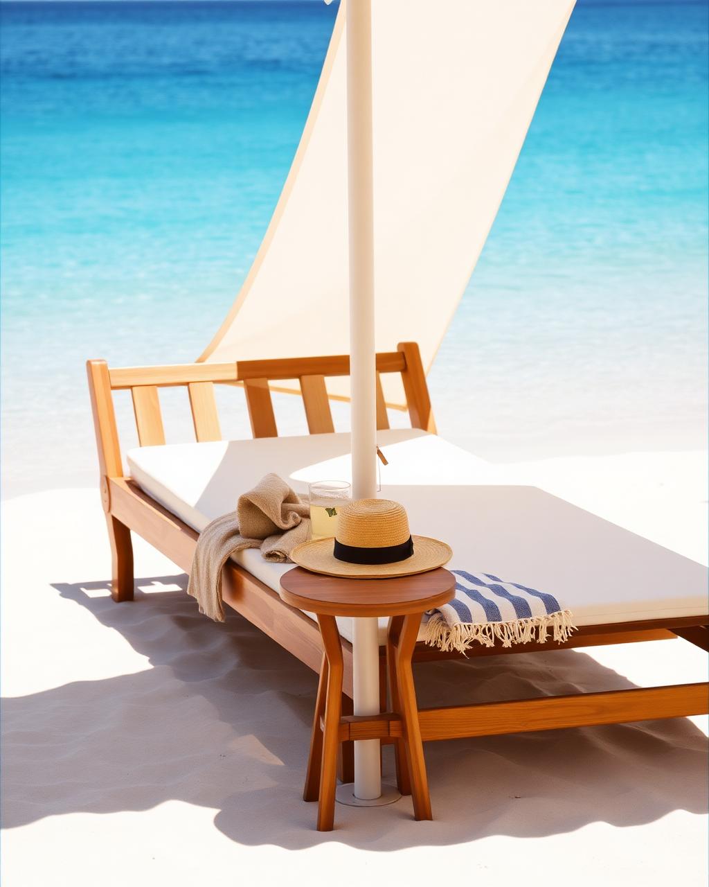 Teak sunbed with cream mattress on the sand