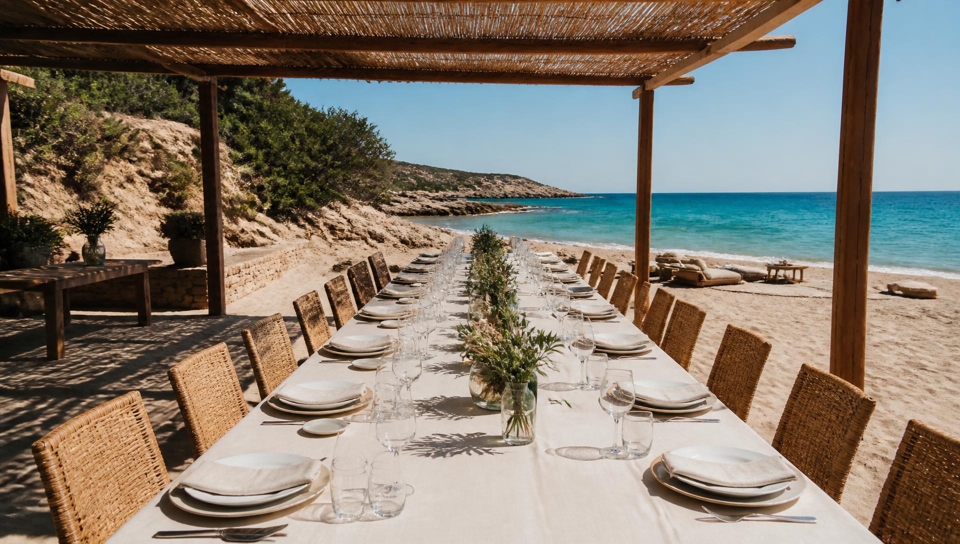 Long table set for an event beside the bay