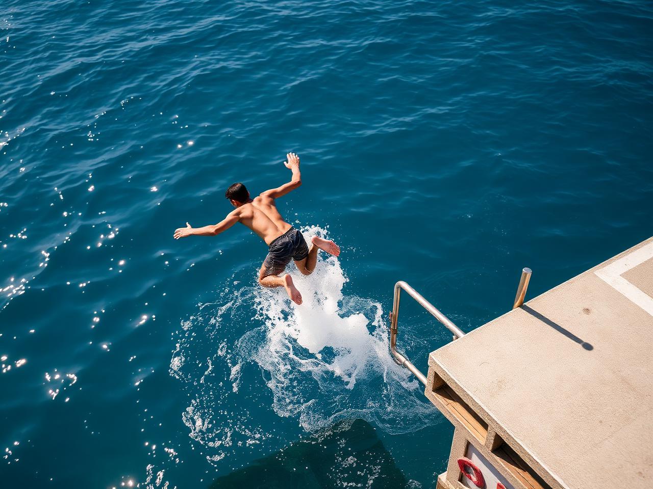 Swimmer cutting into deep blue water off the bay