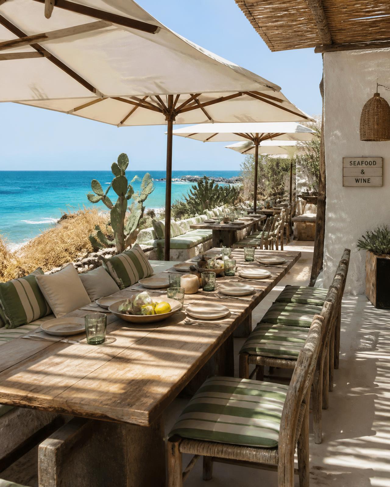 Wooden terrace with white parasols above the water at Bonita Bay